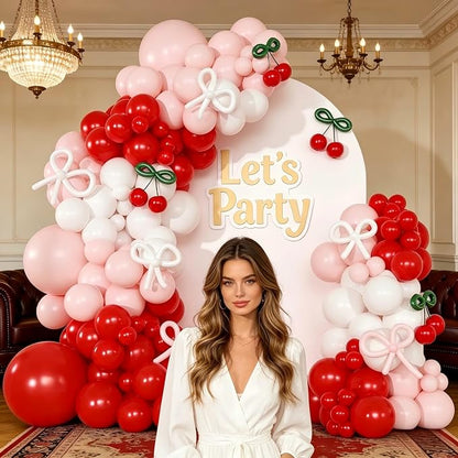 Cherry Red Balloon Garland Arch Kit, Bow Pastel Pink White 260 Balloons - Image 4