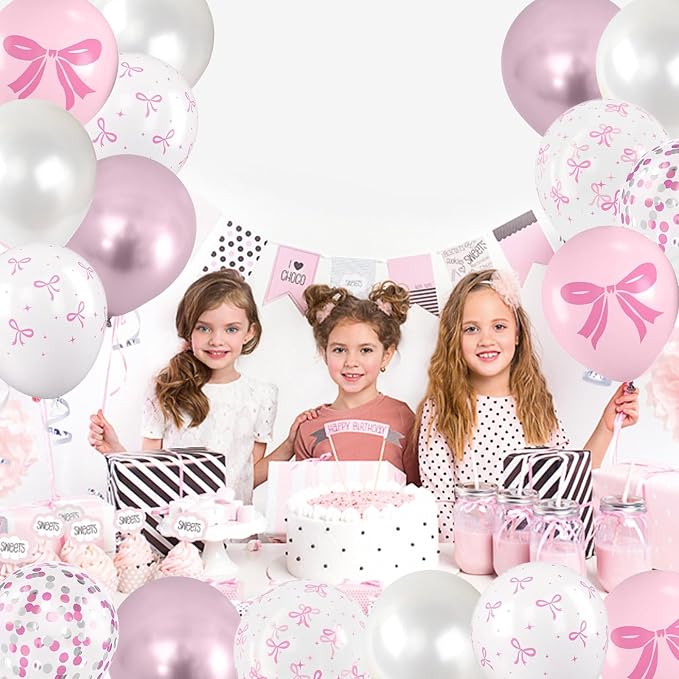 Pink Bow Balloons, Bow Printed Balloon Metallic Confetti Balloon - Image 7