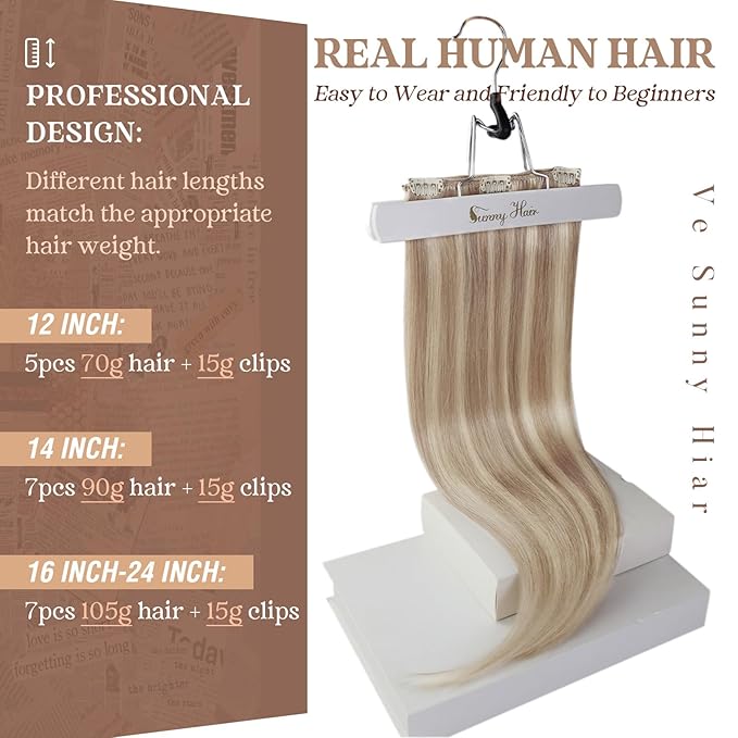 Ve Sunny Clip in Hair Extensions Real Human Hair Highlights Human Hair Clip in Extensions Dark Ash Blonde Highlights Light Blonde Human Hair Extensions Clip ins for Women Quick-Apply 5pcs 12inch 80g
