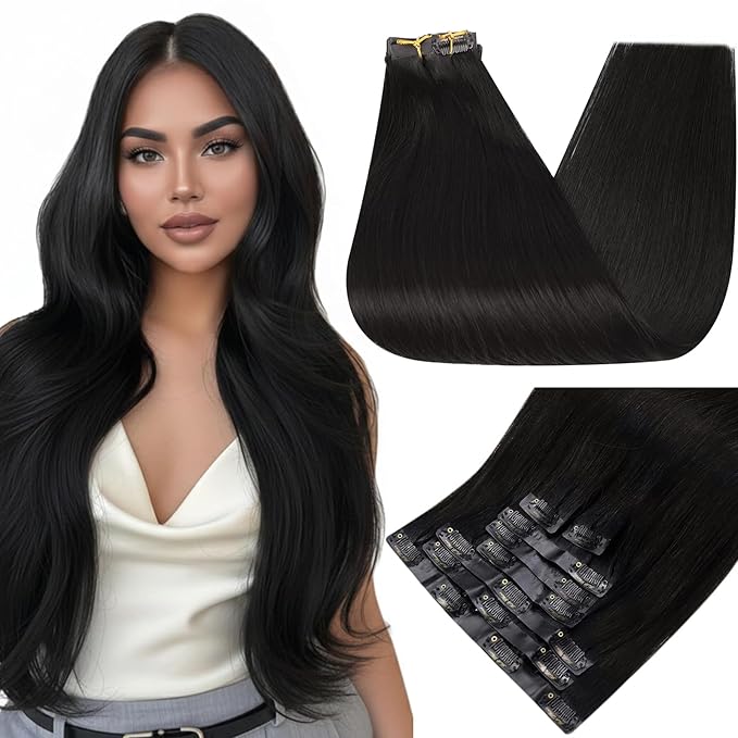 Full Shine 24 Inch Black Hair Extensions Clip in Human Hair Natural Black Invisible Clip ins Hair Extension Real Human Hair PU Weft for Long Hair 8 PCS 120 G