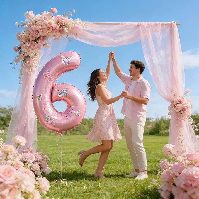 40 Inch Number Balloon Pink Large Mylar Foil Pink Number Balloons and Butterfly - Image 4
