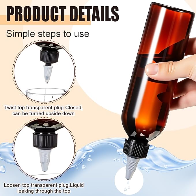 Barydat 50 Pcs 8 oz Squeeze Bottle Twist Top Applicator Bottles Empty Hair Oil Bottle with Funnels Refillable Amber Plastic Bottles for Liquid Hair Oil Shampoo Lotion