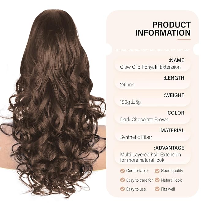 24 Inch Ponytail Extension, Clip on Ponytails for Women, Long Curly Wavy Ponytail Extensions for Women, Synthetic Layered Pony Tails Hair Extensions (Color: Dark Chocolate Brown)