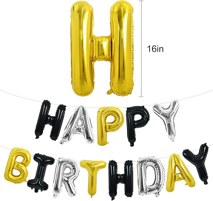TONIFUL 16 Inch Black Gold Silver Happy Birthday Balloon Banner Decorations | - Image 2