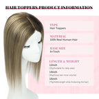 Hair Toppers for Women Real Human Hair 360° 3D 12inch 55g Human Hair Topper Dark Brown To Chestnut Brown Highlight Ash Blonde 6x7inch Large Base (#2/6/18 Toppers-12inch)