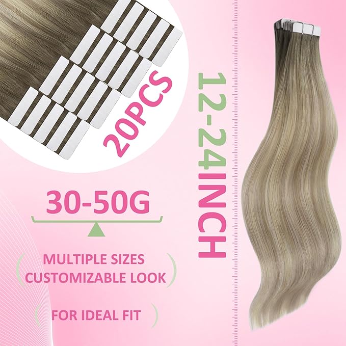 YoungSee Tape in Hair Extensions Human Hair Blonde 24 Inch Tape in Extensions Ash Blonde Ombre Platinum Blond Balayage Tape-on Hair Extension Real Human Hair Tapes ins Human Hair 24In 50g 20pcs