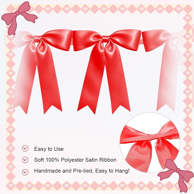 1 String of 8PCS Red Bow Garland Banner Decoration, Pre-Strung Satin Ribbon - Image 3