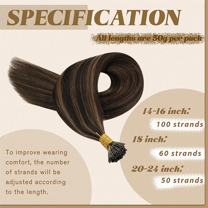 YoungSee I Tip Hair Extensions Human Hair Brown I Tip Hair Extensions Highlight Dark Brown with Brown Itip Human Hair Extension 20 Inch Highlight Pre Bonded Hair Extension Silky Straight 50s 50g