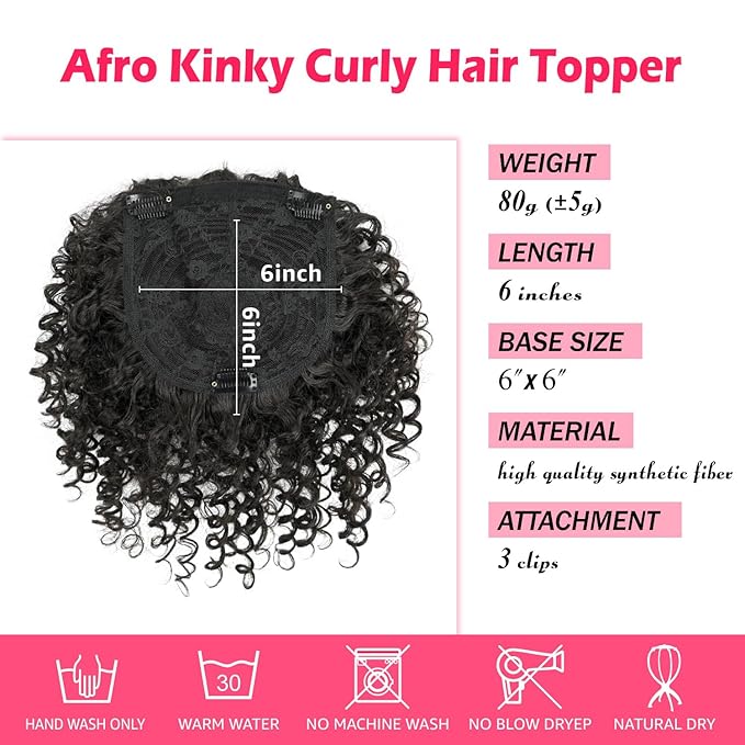 Natural Afro Kinky Curly Short Hair Toppers With Bangs - Clip in Synthetic Wiglets for Men and Women With Thinning Hair - Instant Volume and Style (Black Brown)