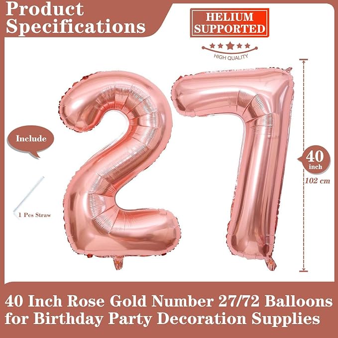 Rose Gold 27 Number Balloons, 40 Inch Giant Number 27 Balloons Foil Mylar - Image 2