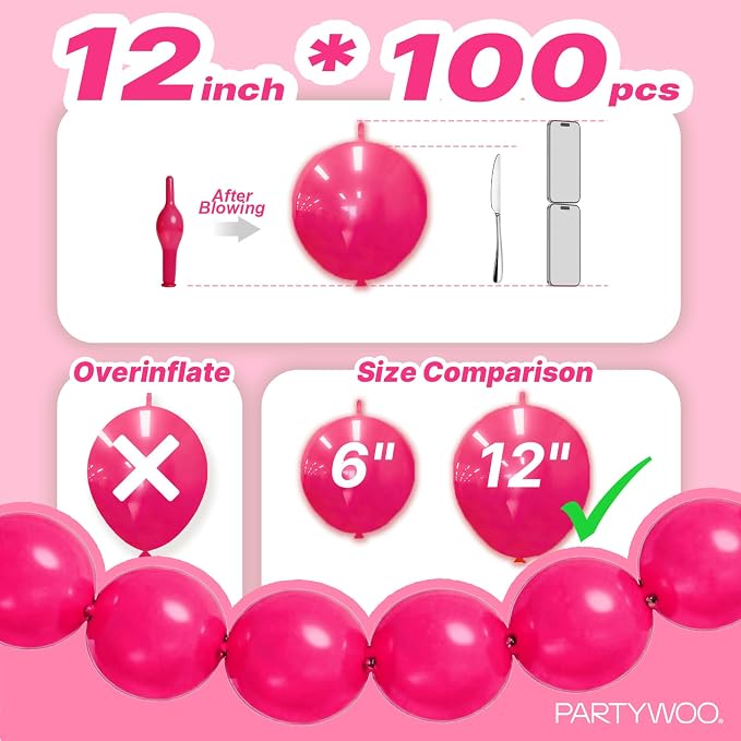 PartyWoo Hot Pink Linking Balloons 100pcs 12 Inch Magenta Link Balloons | - Image 4