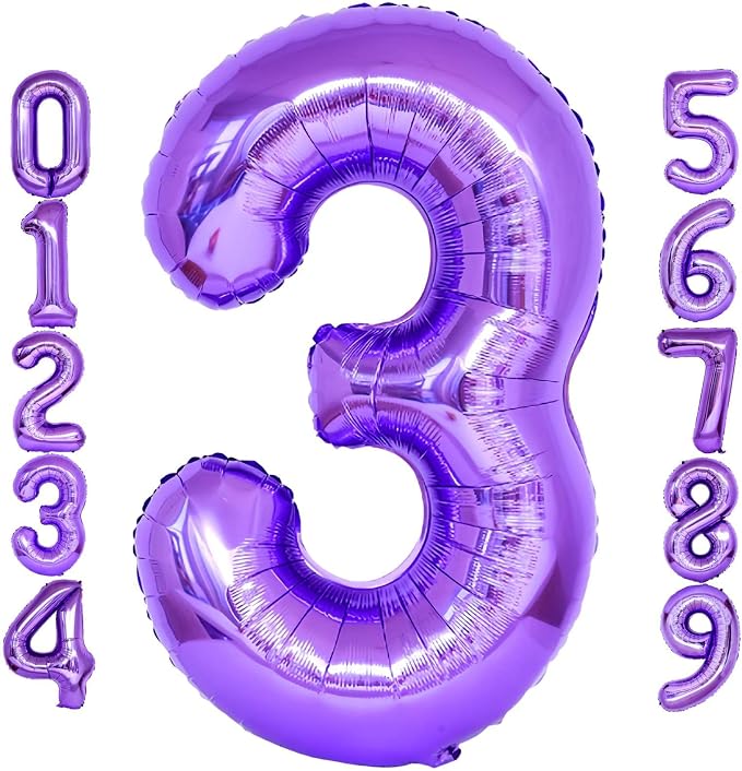 Purple Number 3 Balloons, 40 Inch Giant Number Balloons Foil Mylar Helium by Lovoir