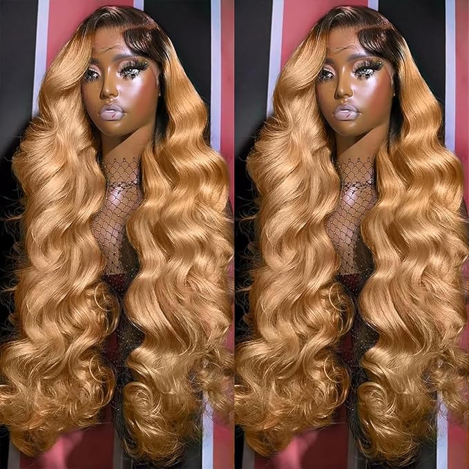 Honey Blonde Lace Front Wigs Human Hair 13x6 Ombre HD Transparent Lace Frontal Wig 12A Body Wave 1B/27 Highlight Lace Front Wigs Glueless Human Hair Wigs for Women Pre Plucked with Baby Hair