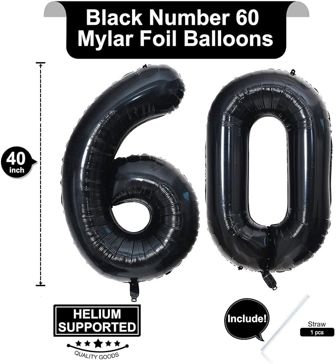 40 Inch Black 60 Number Balloons Giant Jumbo Huge 60 Foil Mylar Helium Number - Image 2