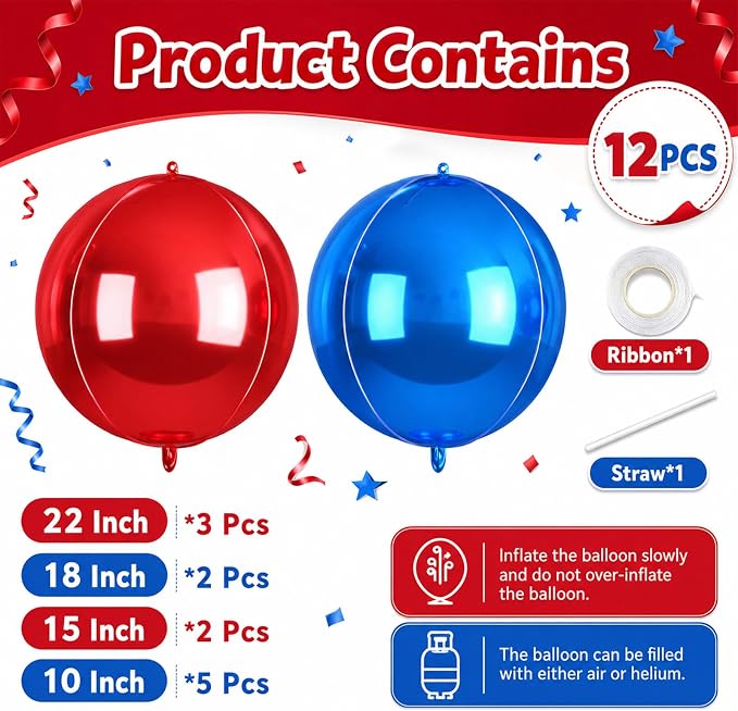 Blue and Red Round Foil Balloons, Metallic Red Blue Large Balloons - Image 2