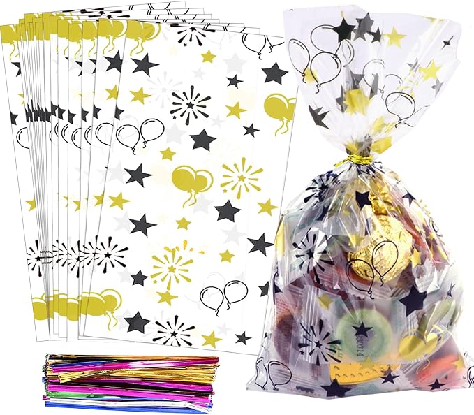 COQOFA 100 Pcs Black Gold 6"X10" Star Printed Gift Wrap Cellophane Bags by COQOFA