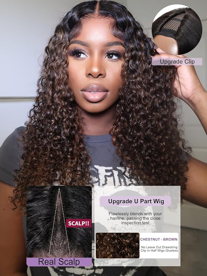 YIROO EasiContour V Part Ombre Brown Human Hair Wig Curly 12A Glueless Upgrade U Part Wig Ombre Black to Chestnut Brown No Leave Out V Shape Clip Wigs Ready to Go 150% Density Beginner Friendly 16Inch