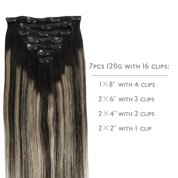 WENNALIFE Clip in Human Hair Extensions - 16 Inch 120g 7pcs Balayage Natural Black to Light Blonde - Remy Double Weft Real Human Hair