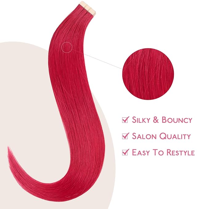 WENNALIFE Tape in Hair Extensions Human Hair Red Tape in Extensions, 10pcs 30g 24 inch Remy Invisible Tape Ins Straight Colored Soft Real Human Hair Tape in Extensions Refill Set Extensions