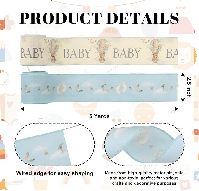 YKW 2.5 Inch Baby Blue Ribbon Wired Edge Teddy Bear Hot Air Balloon Ribbon - Image 2