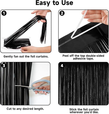 jijAcraft Black Tinsel Foil Fringe Curtain, 3 Pack 3.2x6.5 Feet Metallic Black - Image 3