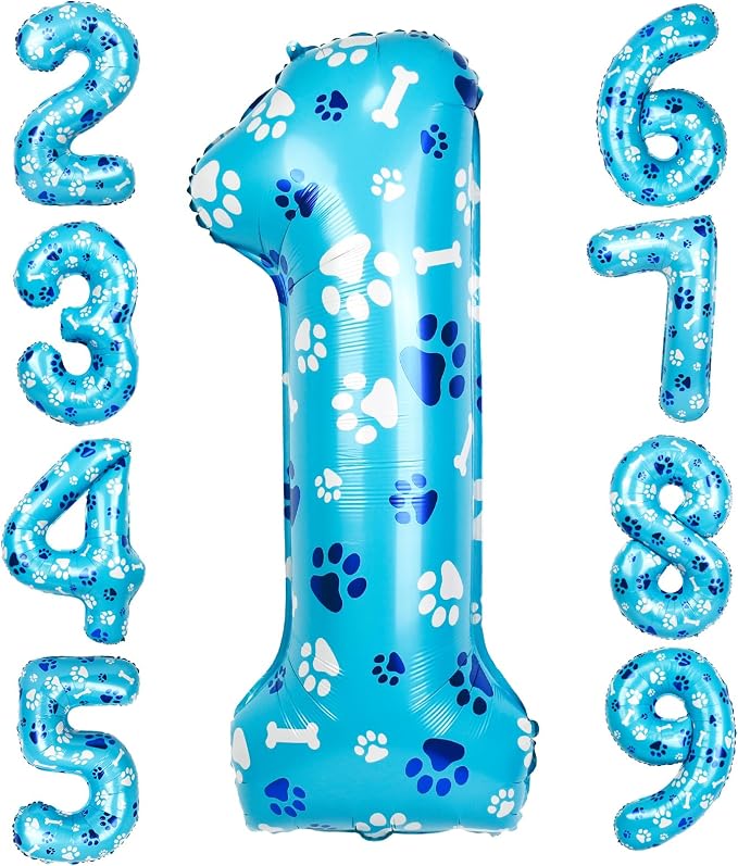 40 Inch Blue Dog Paw Birthday Balloons, Number 1 Balloons by AXBMM