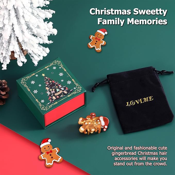 Original Italian Designed Mini Hair Claw Clips for Women- CHRISTMAS Gingerbread Men, Premium Acetate Small Claw, Non Slip Cute Hair Clips for Women with Gift Box