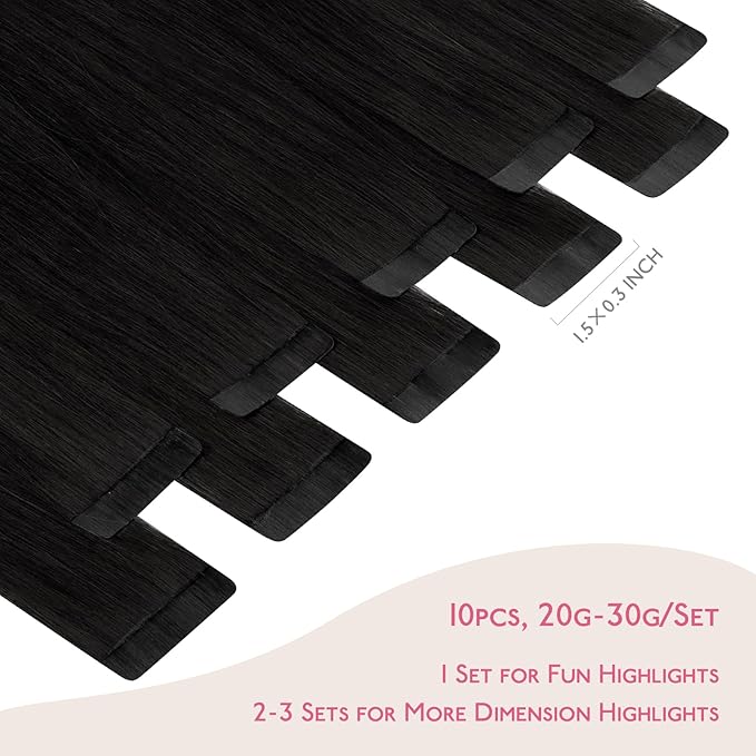 WENNALIFE Tape in Hair Extensions Human Hair Jet Black Tape in Extensions, 10pcs 30g 20 inch Remy Invisible Tape Ins Straight Colored Soft Real Human Hair Tape in Extensions Refill Set Extensions