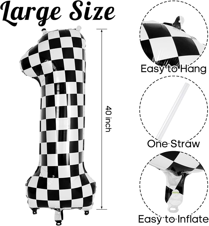 Checkered Number 1 Balloon 40 Inch, Large Foil Black and White Number Balloons - Image 3