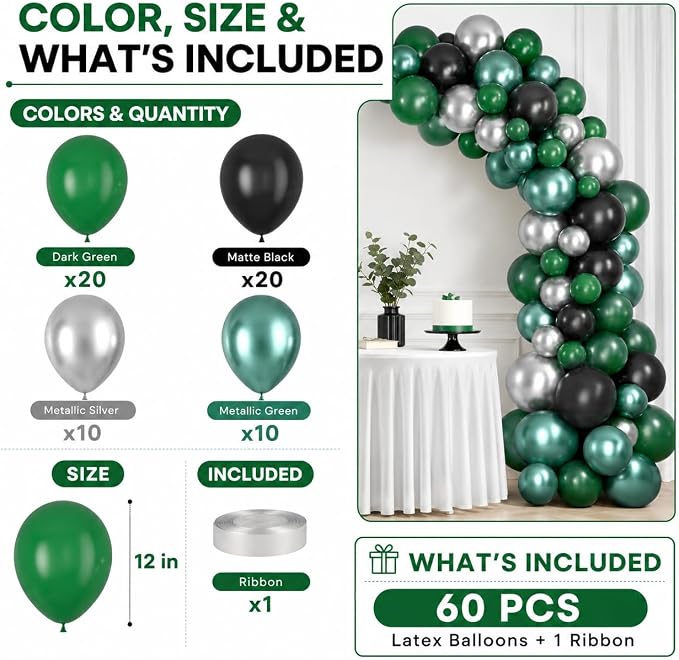 Green Black Balloons Metallic Green Silver Balloons - Image 4