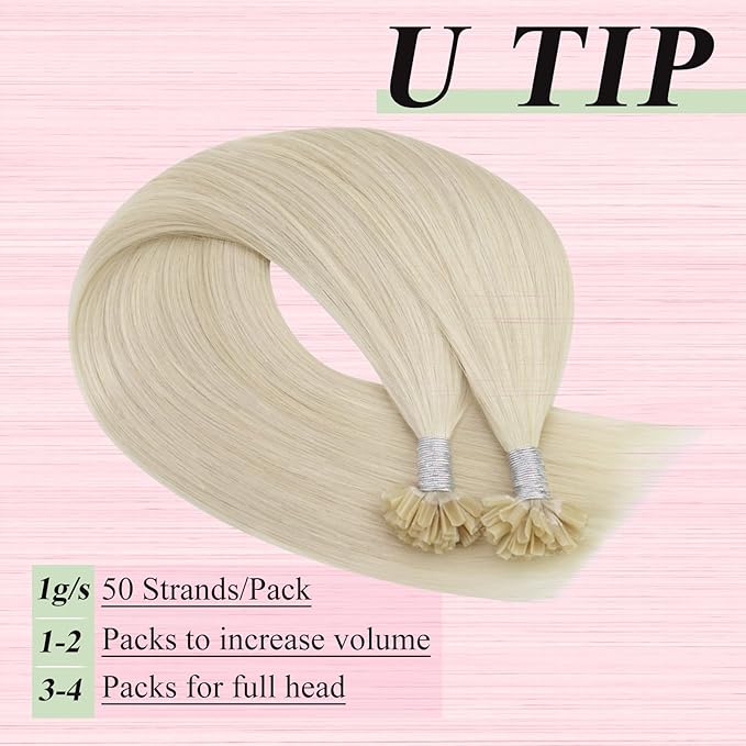 YoungSee U Tips Hair Extensions Real Human Hair Blonde Utip Real Hair Extensions Platinum Blonde 20 Inch K Tips Hair Extension Human Hair Hot Fusion Ktip Extension For Women 1G/S 50G