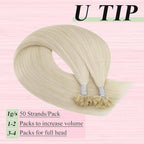 YoungSee Utip Human Hair Extensions Platinum Blonde 24 Inch K Tip Hair Extensions Human Hair White Blonde U Tips Extension Real Hair Long Straight U Tips Hair Extension for Women 50s/50g Hot Fusion