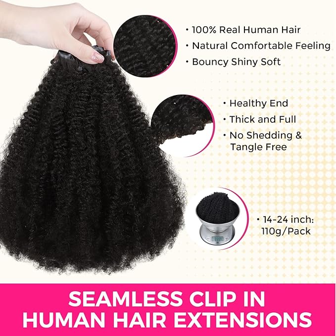 Lashey Clip in Hair Extensions 20 Inch 110g 7pcs Seamless Clip in Hair Extensions Human Hair Afro Kinky Curly Clip Ins for Women, #1B Natural Black 4C