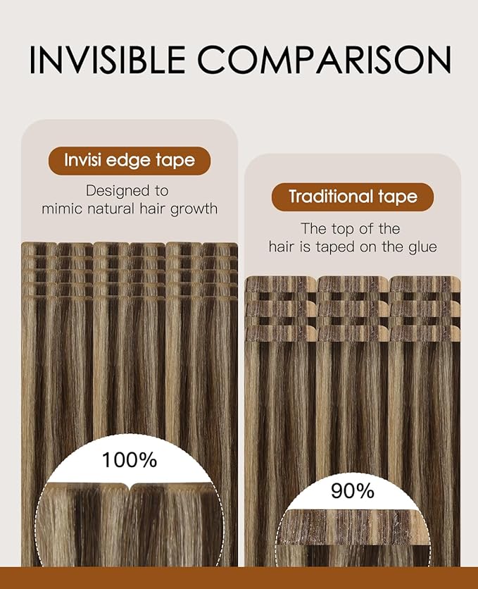 VINBAO Invisi Edge Tape in Extensions Human Hair Dark Brown Highlighted Caramel Blonde 14in 20pcs 40g Injected Tape in Hair Extensions Pro Quality 14inch #4P27
