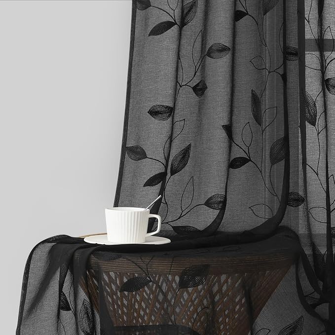 HOMEIDEAS Black Sheer Curtains 2 Panels, Embroidered Leaf Gothic, W52 x L96 | by HOMEIDEAS
