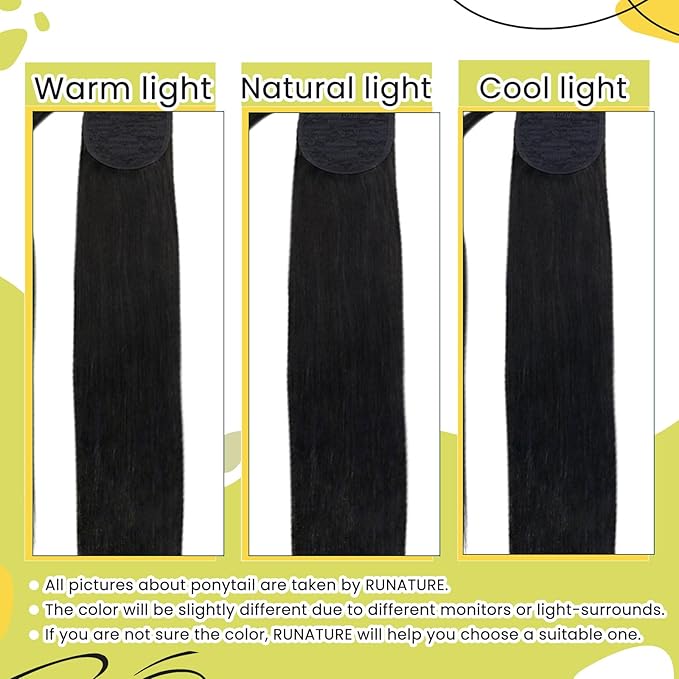 RUNATURE Human Hair Ponytail Extension, Off Black Ponytail Hair Extensions Real Human Hair, Soft Straight Hair for Women, Natural Ponytail Hairpiece, Add Length 12 Inch 70g #1B Off Black