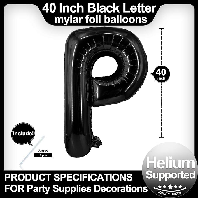 40 Inch Black Letter P Balloons, DIY Phrase Foil Alphabet Letter P Balloons DIY - Image 2
