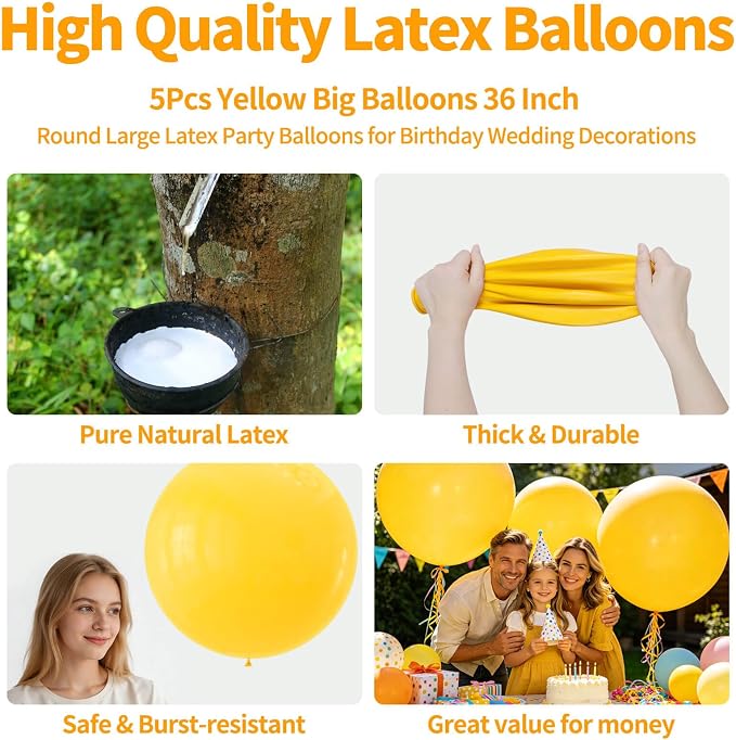 5Pcs Yellow Big Balloons 36 Inch, Round Large Latex Party Balloons - Image 2