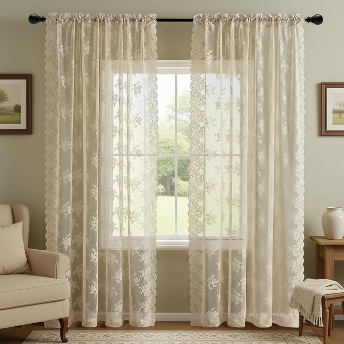 Kotile Beige Floral Lace Curtains by Kotile+Curtains