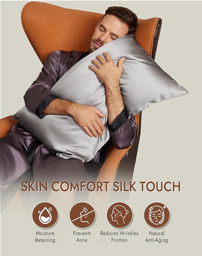 SilkSilky 100% Mulberry Silk Pillowcase - Pure 22 Momme High-Grade 6A Fibers for Hair & Skin, Envelope Closure, Natural, Organic, Breathable & Cooling Pillow Case (Standard, Silver)