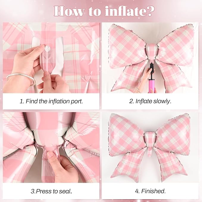 Pink Plaid Bow Balloons, 38 Inch Pink Giant Gingham Checkered Bowknot Foil - Image 6