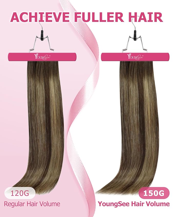 YoungSee 150g Balayage Clip in Hair Extensions Human Hair Chocolate Brown Mix Caramel Blonde Balayage Hair Extensions Clip in Human Hair Softness Clip ins Extension Straight Hair 20inch 7pcs