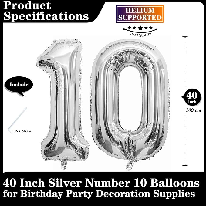 Silver 10 Number Balloons, 40 Inch Giant Number 10 Balloons Foil Mylar Helium - Image 2
