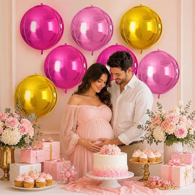 Pink Gold Round Foil Balloons 9 pcs, Metallic Giant 4D Round Balloons 22 Inch - Image 5