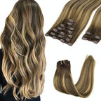 GOO GOO Clip in Hair Extensions Real Human Hair, Remy Human Hair Extensions Clip ins for Women, Natural Human Hair, 16inch 150g 9Pcs, 4/27/4 Balayage Chocolate Brown to Caramel Blonde