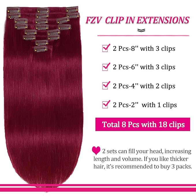 99J Burgundy human hair clip in extensions 20inch 120g Clip in Hair Extensions Real Human Hair Clip Ins 8pcs Double Weft Handmade Per Set with 18clips Straight Hair for Women(#99J)