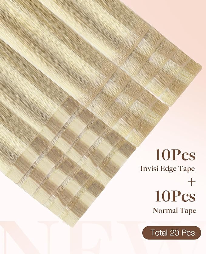 GOO GOO Invisi Edge Tape in Hair Extensions Human Hair, 18A/613A Dark Blonde Highlighted Bleach Blonde 10pcs injected with 10pcs classical tape ins, 24inch 50g, Virgin Remy Hair, Natural Look