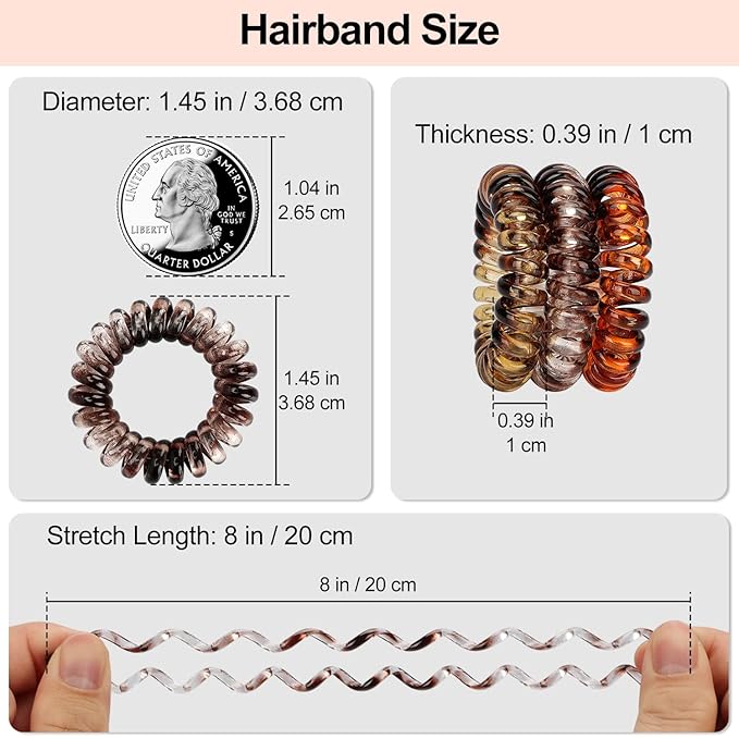 JessLab Spiral Hair Ties, 20 Pcs Traceless Phone Cord Hair Ties No Crease Spiral Bracelet Plastic Coil Ponytail Holders No-Damage Headband Hair Accessory for Girls Women Ladies Gift (Amber)