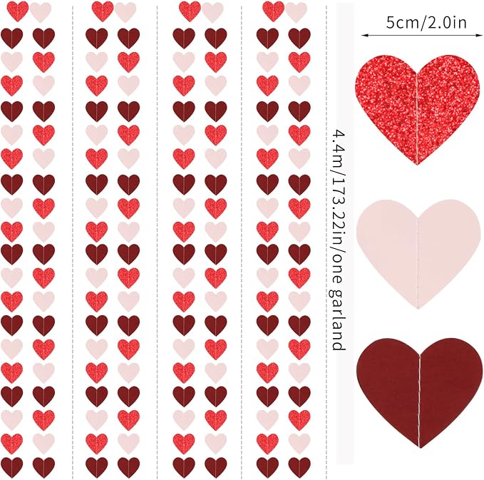 Valentines Day Party Decorations Pink-Red Heart-Garland - 52ft Burgundy - Image 2