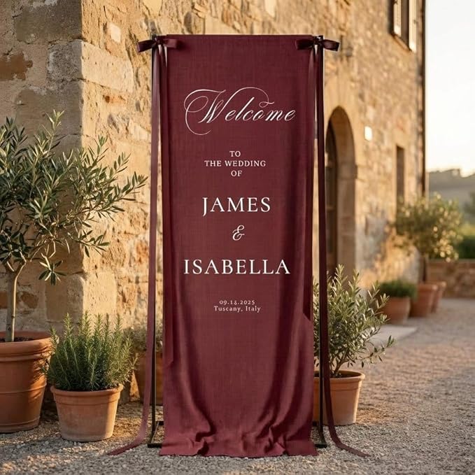 Red Linen Wedding Banner: Personalized Burgundy Welcome Sign - Image 2